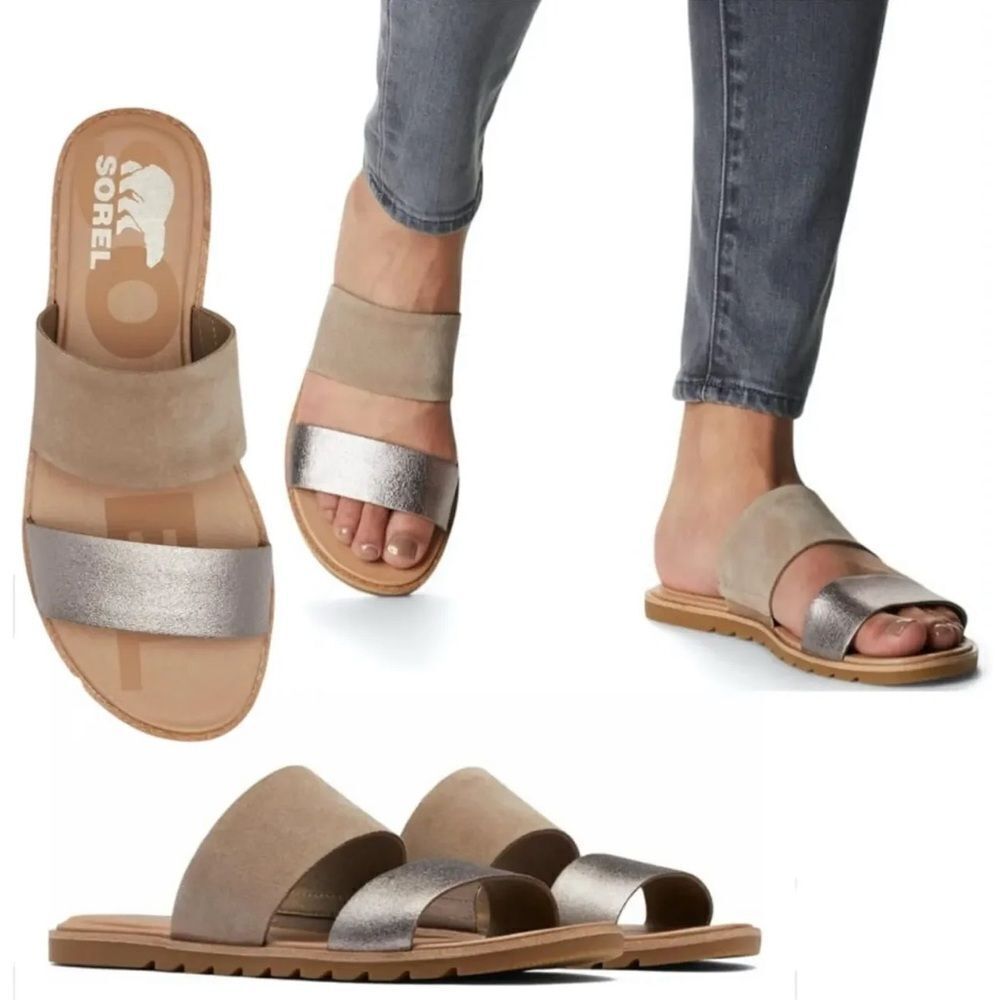 Sorel Beige Metallic Suede Ella II Slide Flat Sandal Sz 7 Preppy Boho Minimalist